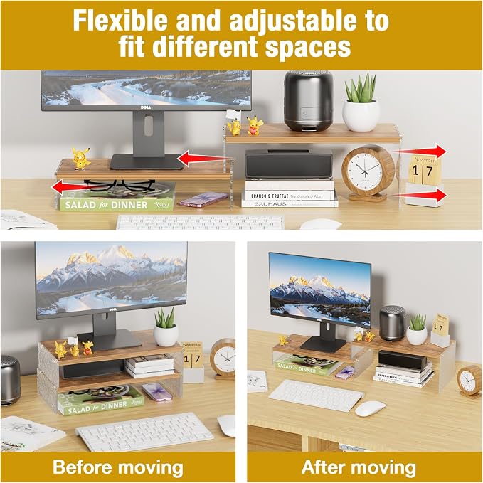 YGYQZ Adjustable Monitor Stand Riser, 7.67"×15.74" Dual Monitor Desk Stand | Adjustable Monitor Riser, Expandable Desk Organizer, 2-Tier Storage, Acrylic Legs, Ergonomic Workspace, Wood Wavy - Image 6