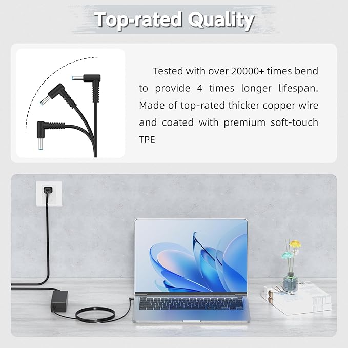 Replacement 45W Charger Compatible with HP 15 15-dy Laptop Blue Tip | 45W power, 4.5x3.0mm Blue Tip. Fits HP 15-dy/dw series. 8.59ft extra long cord. WARNING: Not for 65W or USB-C laptops. - Image 4