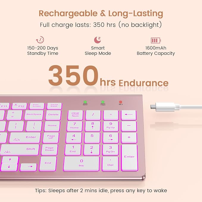 SABLUTE Wireless Keyboard with 7-Color Backlight, Quiet Low-Profile Keys | Rechargeable, Compact Cordless Design, Slim Quiet Scissor-Switch Keys, Auto Sleep, Windows, Linux, Chrome OS & Mac Compatible - Image 3