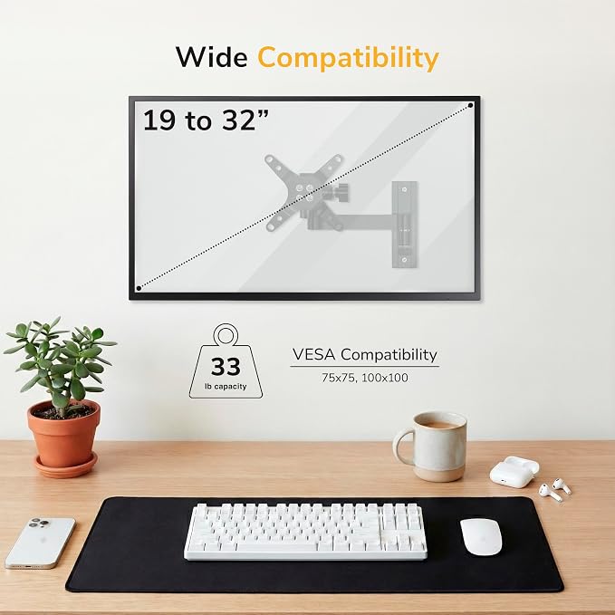 Mount-It! Full Motion Computer Monitor Wall Mount – Adjustable Arm for Home Office, Gaming, Workstations – Fits 19–32” Screens, VESA 75x75 & 100x100, Tilt Swivel Rotate, 33 lb, Single Stud Install - Image 3