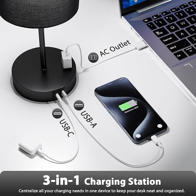17.6" Black Touch Lamps for Bedroom Set of 2 - Dimmable, USB C+A, AC Outlet | Large 17.6" Tall Lamp, 3-Way Dimming, 5000K Daylight Bulbs, Black Lampshade Black Base, for Living Room, Boys, Men, Girls - Image 5