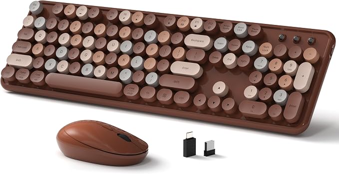Links9+ Colorful Wireless Keyboard and Mouse Combo (Coffee Colorful) | Full-Size Retro Typewriter Style Keyboard with Vintage Round Keycaps, 2.4G Wireless Set for Windows, Mac, Laptop, PC, Desktop by LINKS9
