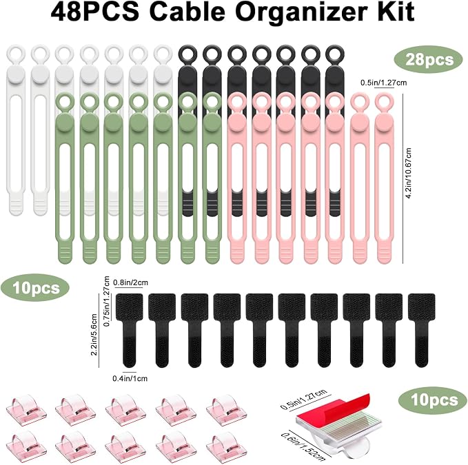 OneLeaf 48Pcs Silicone Cable Ties, Elastic Cord Ties for Cable Organizer, Reusable Wire Management, Cord Organizer Essentials, Multipurpose Cable Management for Travel/Portable/Office/Home Desk - Image 3