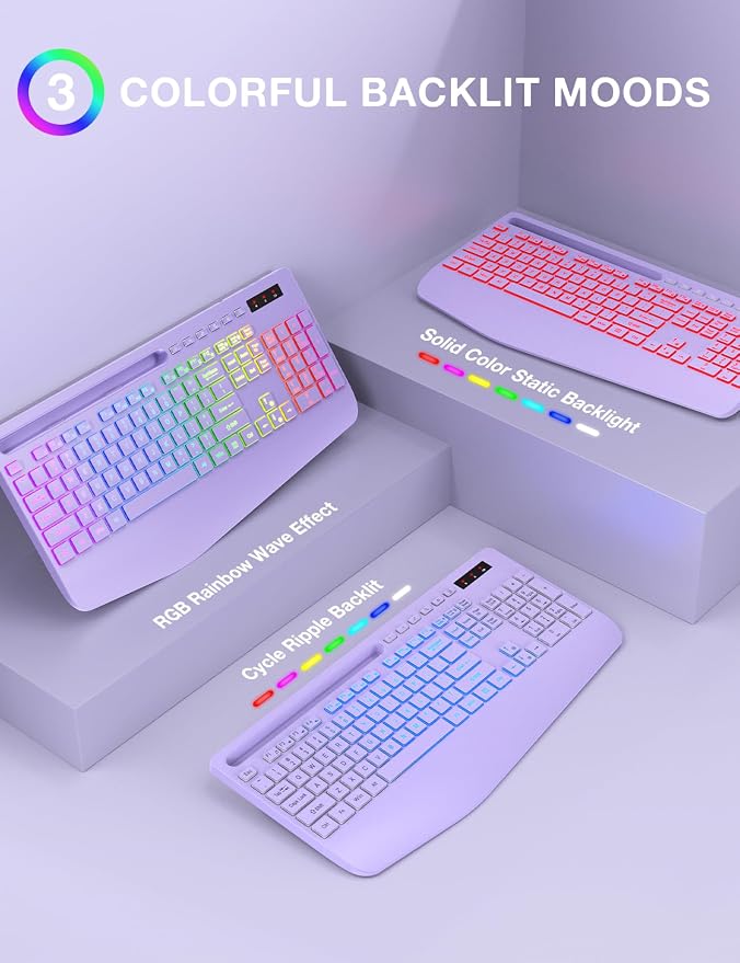 Wireless Keyboard and Mouse Combo, 9 Backlit Effects, RGB, 2.4GHz | Ergonomic Wrist Rest, Phone Holder, Rechargeable, Full Size, KM22 MAX Silent Set for Computer, Laptop, Mac, Windows (Purple) - Image 2