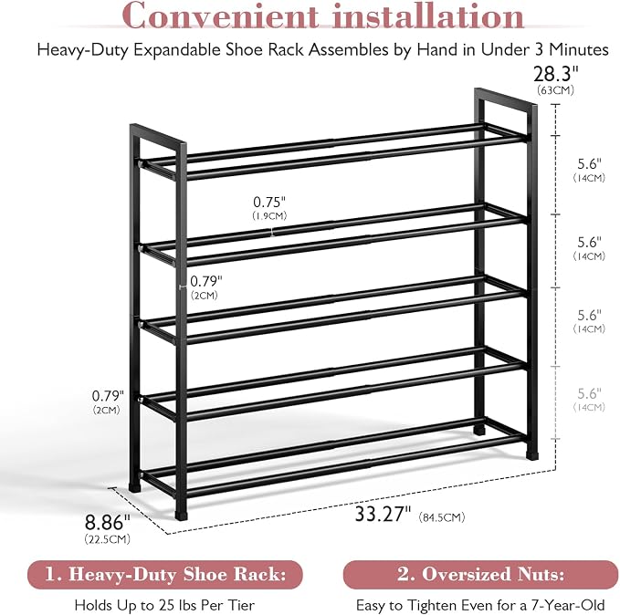 Bumusty 5 Tier Expandable Shoe Rack for Closet, Black | 18"-33" Adjustable Shoe Rack for Entryway, Small Shoe Organizer for Dorm, Front Door, Sturdy Metal - Image 3