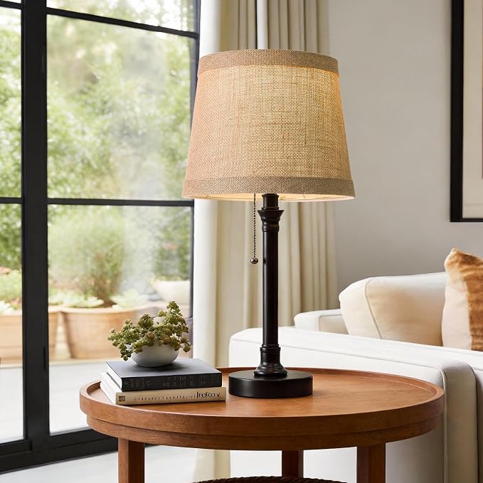 19.5" Black Rustic Table Lamps Set of 2 for Living Room Bedroom | Pull Chain Switch Bedside Table Lamps, Farmhouse Nightstand Lamp with Natural Shade, Small Lamp for End Table & Desk Light - Image 2