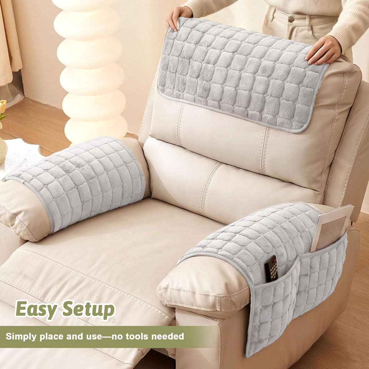 Universal Flannel Recliner & Armchair Covers with Pockets - Image 6