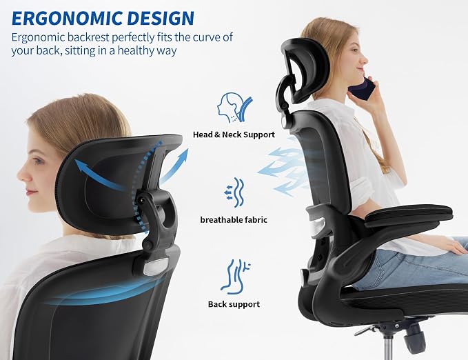 TRALT Ergonomic Office Chair Desk Chair with Adjustable Lumbar Support | Home Office Desk Chairs with Flip-up Armrests & 3D Headrest - Mesh Gaming Chair for Adults, 330lbs, PU Leather (Black, 4) - Image 4