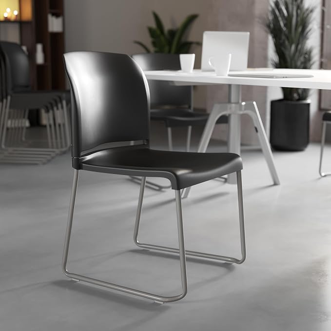 Flash Furniture Hercules Series Contoured Stacking Chairs for Waiting Rooms and Offices, Ergonomic Lobby Chairs with Curved Back, Set of 5, Black | Sled Base, Powder Coated, Contoured, 880 LBS. Weight Capacity - Image 2