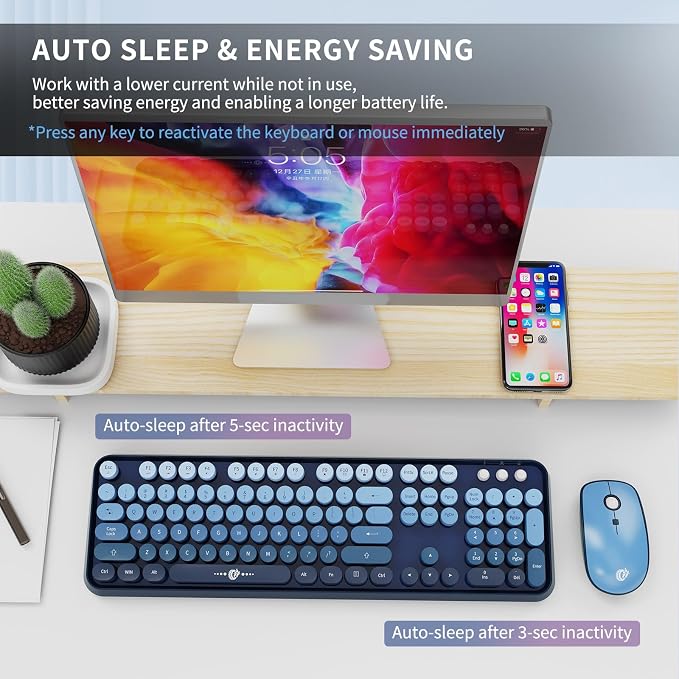 Wireless Keyboard and Mouse Combo - 2.4G Full-Sized Cute Colorful Mouse and Keyboard with 104 Round Keys Retro Typewriter Keyboard for Laptop/Windows/PC - Blue Gradient - Image 5