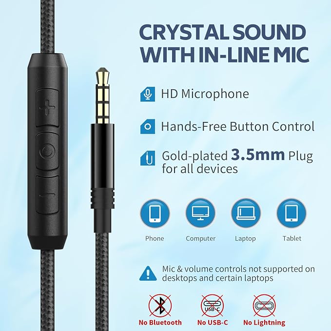 AC01 Over-Ear Headphones Wired with Mic Volume Control, Black Blue | Passive Noise Isolating Corded Stereo Headsets for Adults Teens Kids 3.5mm for School, Chromebooks, Laptop, Tablets, Travel - Image 5