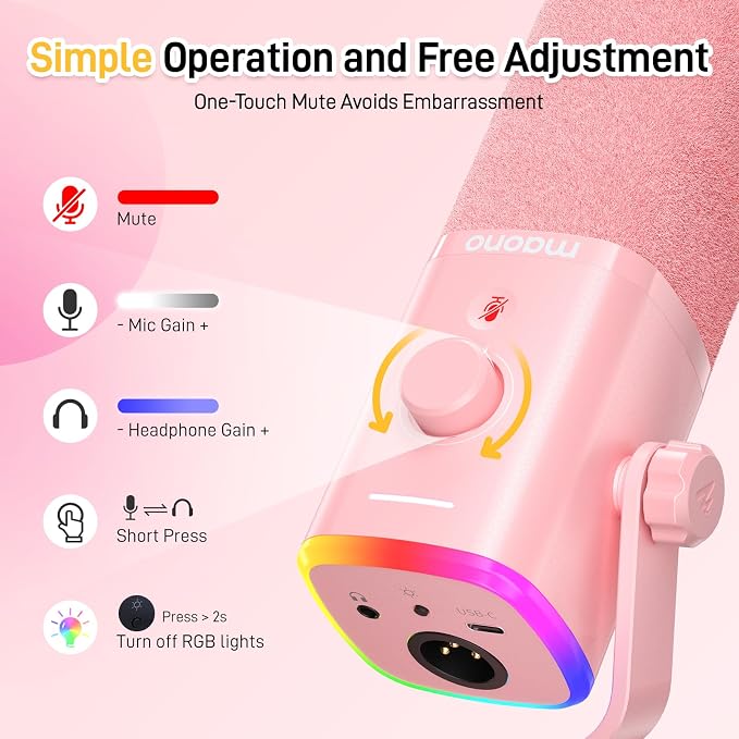MAONO PD100X USB/XLR Podcast Microphone for PC,Gaming Streaming Dynamic Mic | Noise Reduction,Tap to Mute,Custom RGB, Maono Link Support,Volume & Gain Control,Desktop Stand,for Computer Recording, Pink - Image 6