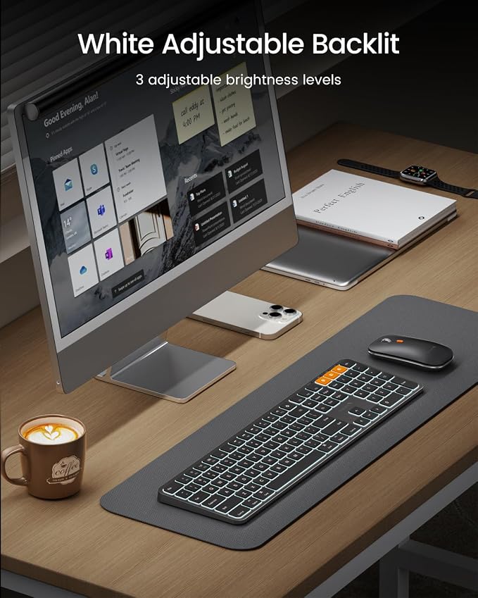 ProtoArc KM100-A Backlit Bluetooth Keyboard Mouse Combo for Mac, Black | Full-Size Mac Layout with Numeric Keypad, 3-Level White Led Backlight, 3-Device Bluetooth, Rechargeable Keyboard and Mouse - Image 3