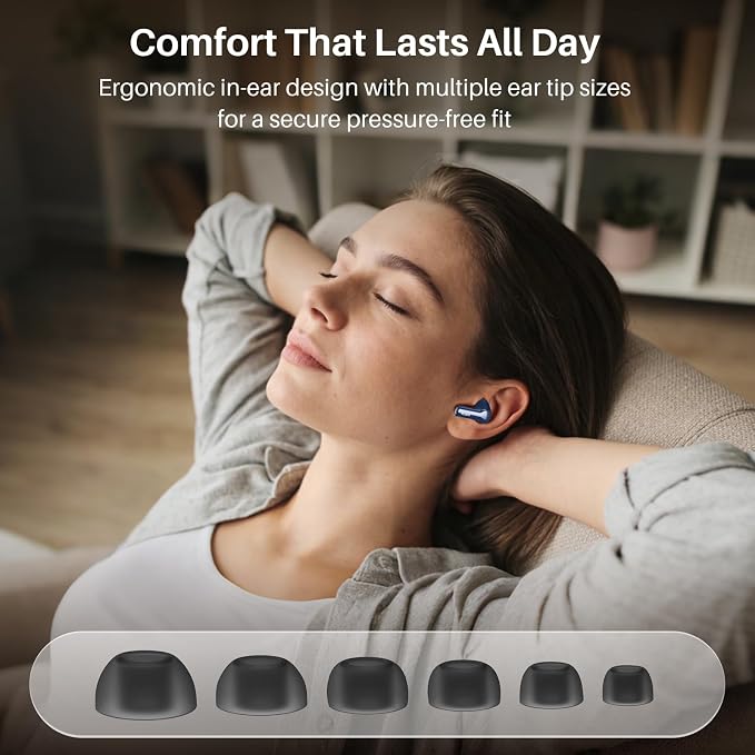 TOZO Hybrid Active Noise Cancelling in Ear Wireless Earbuds, 68H Playtime | 6 Mics AI Clear Calls, LED Display, 32 Preset EQs App, Bluetooth 5.3 Headphones, IPX8 Waterproof, Comfort Fit Ear Buds Blue - Image 7