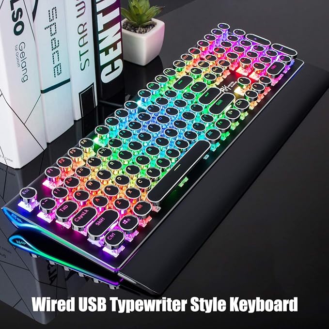 RK ROYAL KLUDGE S108 Typewriter Keyboard, Retro Mechanical Gaming Keyboard Wired 108 Keys with RGB Backlit Sidelight, Detachable Wrist Rest, Round Keycaps Blue Switches - Black - Image 2