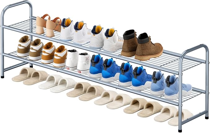 KEETDY 2-Tier Long Shoe Rack for Closet Shoe Organizer for Entryway, Metal Stackable Shoe Storage Shelf for 18 Pairs Sneakers with Strong Wire Grid, Gray by KEETDY