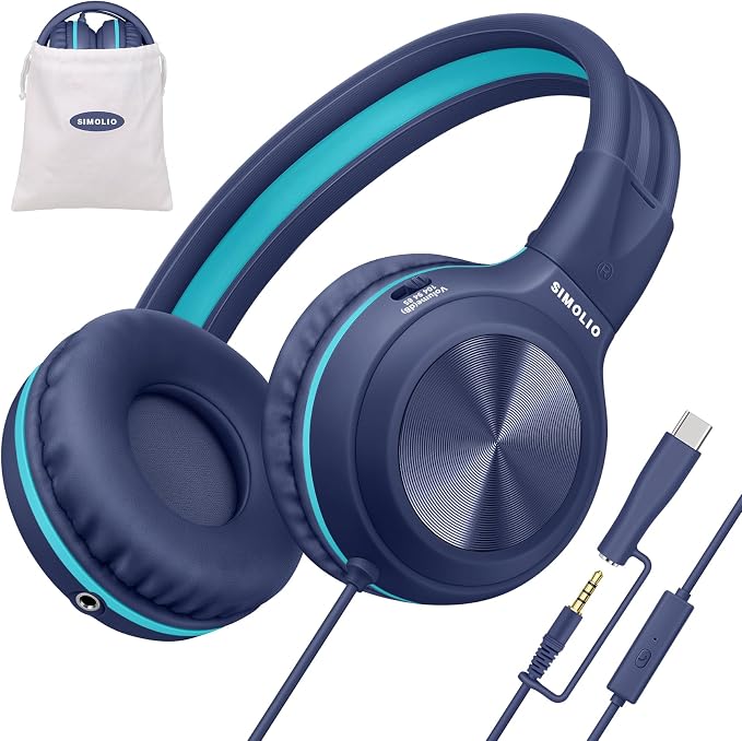SIMOLIO USB C Wired Kids Headphones, Built-in Microphone & Share Port | USB C to 3. 5mm Dongle, 3-Level Volume Limiter, Over-Ear Headsets w/Pouch, Foldable for Airplane Travel School iPad by SIMOLIO