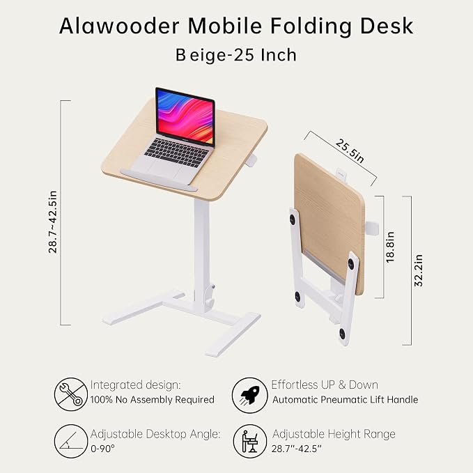 25" Mobile Folding Desk: Pneumatic Sit-Stand, No Assembly | 29-42" Height Adjustable Rolling Laptop Desk, Hidden Wheels, 0-90° Tilt Top. Ideal for Home Office, Craft & Study. - Image 3