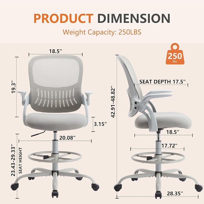 Sweetcrispy Tall Drafting Office Desk Chair - Ergonomic High Stool Computer Chair with Adjustable Height and Comfy Lumbar Support, Rolling Counter Height with Flip-up Arm and Footrest, Grey - Image 3