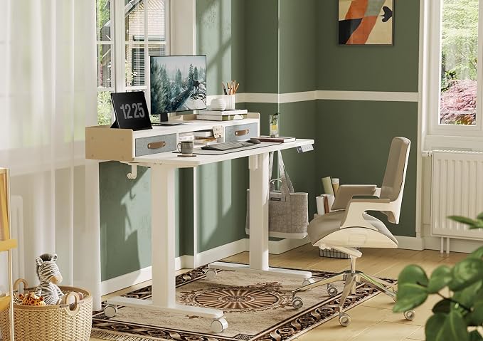 Claiks Standing Desk with Drawers & Wheels, 2 Height Shelf 48inch White | 2 height adjust shelf, tabletop drawers, felt fence design, sturdy supports 176 lbs, 4 wheels, 2 tire monitor stand - Image 2