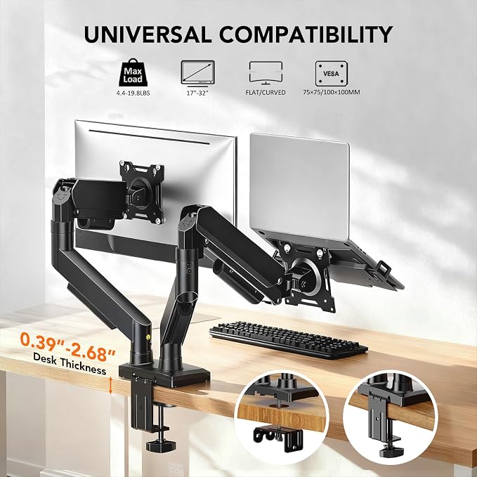 Dual Monitor Stand Adjustable Monitor Desk Mount for 17″–32″ Computer Screens, Full Motion VESA Pattern 75x75/100x100 with C-Clamp & Grommet Aluminum Base, Each Arm Holds 4.4 to 20 lbs HD09B-201 - Image 2