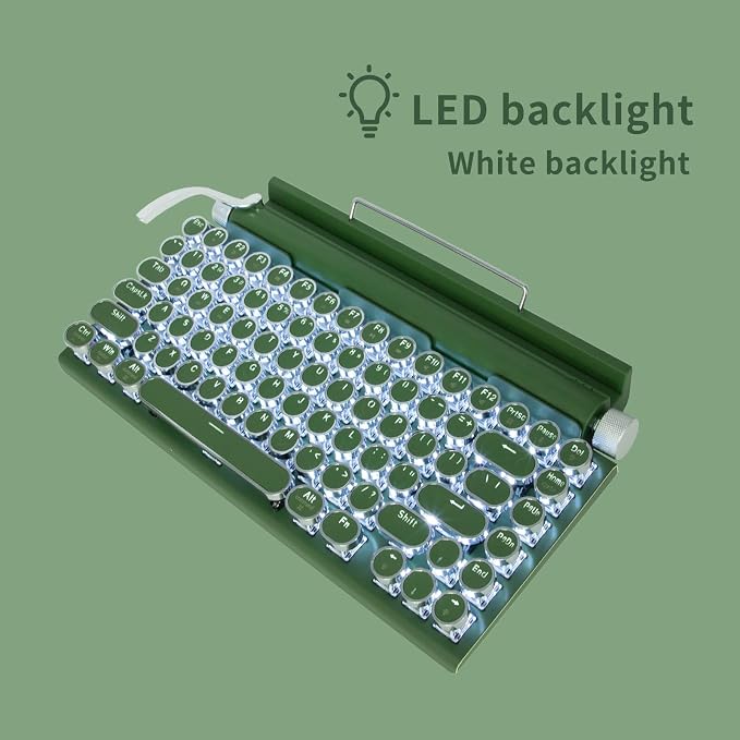 Adventurers Retro Typewriter-Style Mechanical Keyboard, 83 Keys, 75% Compact Layout, Bluetooth 5.0 and Wired, Hot-Swappable Blue Switch, White Backlit for Windows/Mac/iPad/PC/Laptop (Dark Green) - Image 3