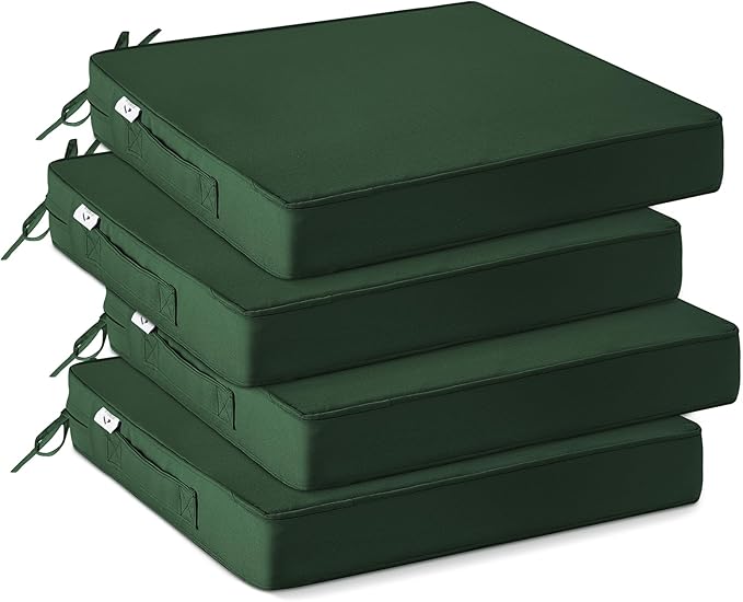 IPYNBAP Outdoor Chair Cushions Set of 4 -Waterproof Outdoor Seat Cushions for Patio Furniture, Patio Chair Cushion with Handle and Ties, Out Door Chair Pads,18.5x16x3-Square, Forest Green by IPYNBAP