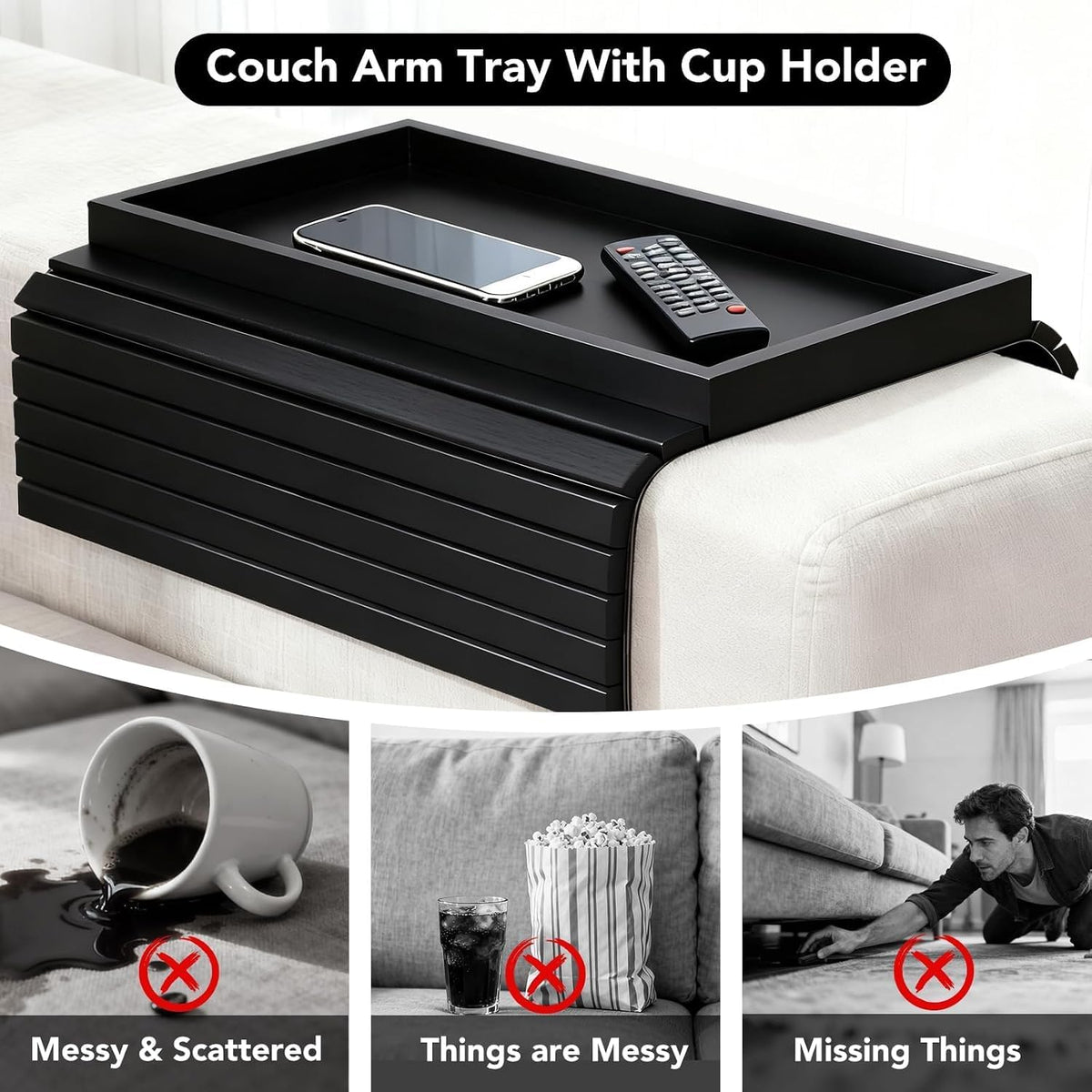 Bamboo Couch Arm Tray, Foldable Sofa Tray Table for Couch, Anti-Falling Sofa Cup Holder, Portable Sofa Arm Chair Table for Drink,Cups, Eats，Snacks, Phone, Remote, Black - Image 5