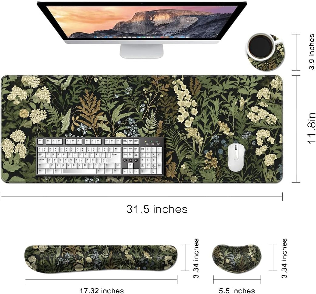 Desk Mat, Large Gaming Mouse Pad with Wrist Rest, 4 in1 XXL Mouse pad+Keyboard Wrist Rest+Mouse Pad Wrist Support+Cup Coaster Set, Ergonomic Desk Pad for Home Office,Weeds - Image 2