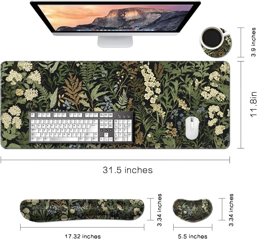 Desk Mat, Large Gaming Mouse Pad with Wrist Rest, 4 in1 XXL Mouse pad+Keyboard Wrist Rest+Mouse Pad Wrist Support+Cup Coaster Set, Ergonomic Desk Pad for Home Office,Weeds - Image 2