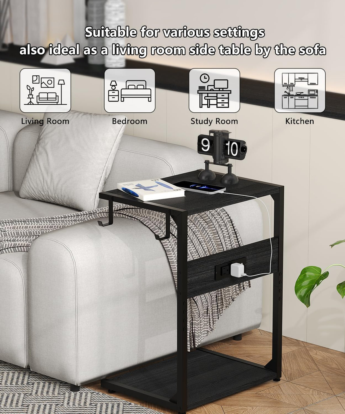 2 Tier Computer Tower Stand with Charging Station, 11.8" D x 16.5" W Rolling Floor PC Tower Stand Fits Under Desk, CPU Holder Cart for Carpet with Hooks, Home Office - Image 5