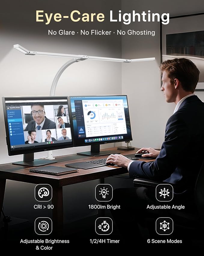 ONEMIX LED Desk Lamp with Clamp, 42-Inch 4-Panel Light for Dual Monitors | 1800 Lumens, 4 Adjustable Panels, 5 Color Temps, 5 Brightness Levels, Remote, Timer, Flicker-Free for Home Office - Image 8