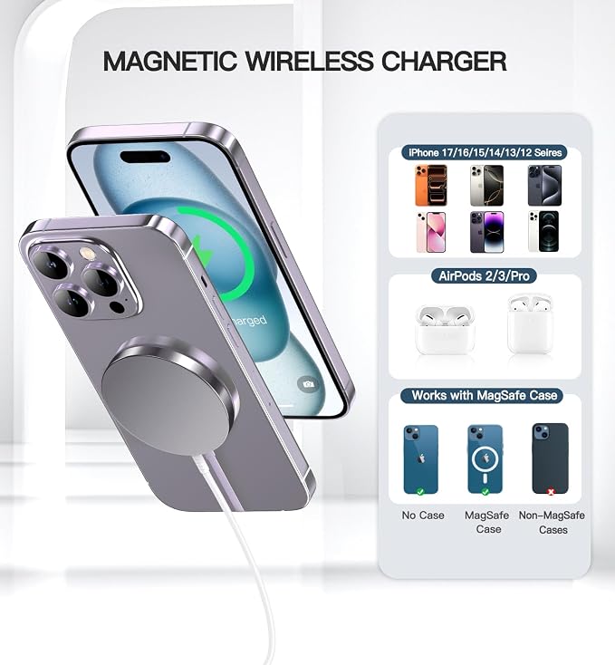 Magnetic Wireless Charger, 2-Pack 15W Fast Mag-Safe Stand for iPhone 17-12 | Fast Magnetic Wireless Charging Pads for iPhone 17/17 Air/17 Pro/17 Pro Max, 16/15/14/13/12 Series and AirPods(white） - Image 3
