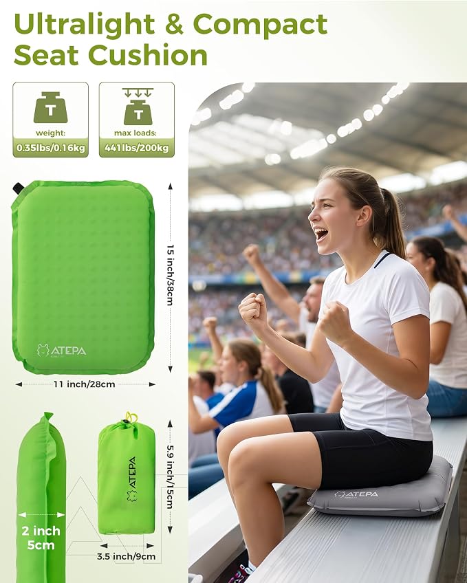 ATEPA Inflatable Seat Cushion | 2" & 2.5" Foam Core Seat Pad, Self Inflating, Compact, Stadium, Airplane, Travel, Camping, Hiking, Sports events - Image 2