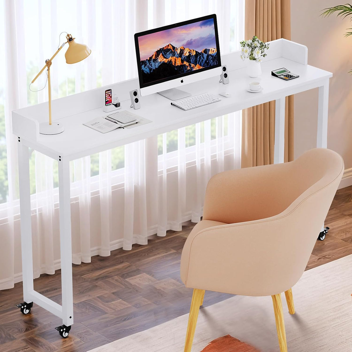 Overbed Table with 360° Wheels, Queen Size Mobile Bed Desk, White - Image 8