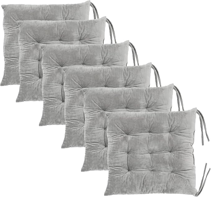 6 Pack Square Seat Cushion Chair Pads for Kitchen Dining Chairs, Soft Comfort Velvet Chair Mat Pillow Cushions with Ties for Office Desk Living Room Tatami 15.5", Gray by MissSoul
