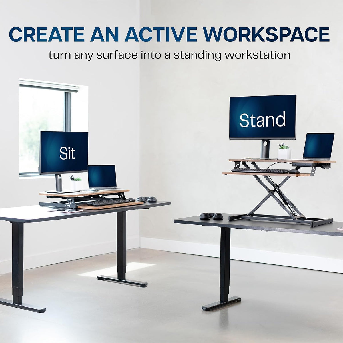 VIVO Manual Height Adjustable Standing Desk Riser, 32" Vintage Brown Top - Image 4