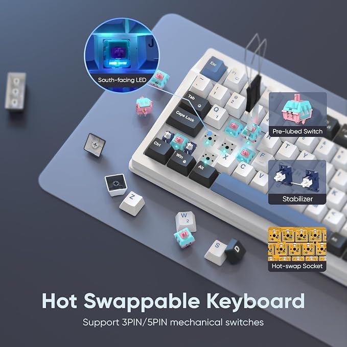 RedThunder K95 Wireless Mechanical Keyboard, TFT Screen & Knob, Tri-Mode BT5.0/2.4GHz/USB-C Hot Swappable Custom, Pre-lubed Linear Switches, Gasket Structure, RGB Gaming Keyboard, Snowy White-Blue - Image 4