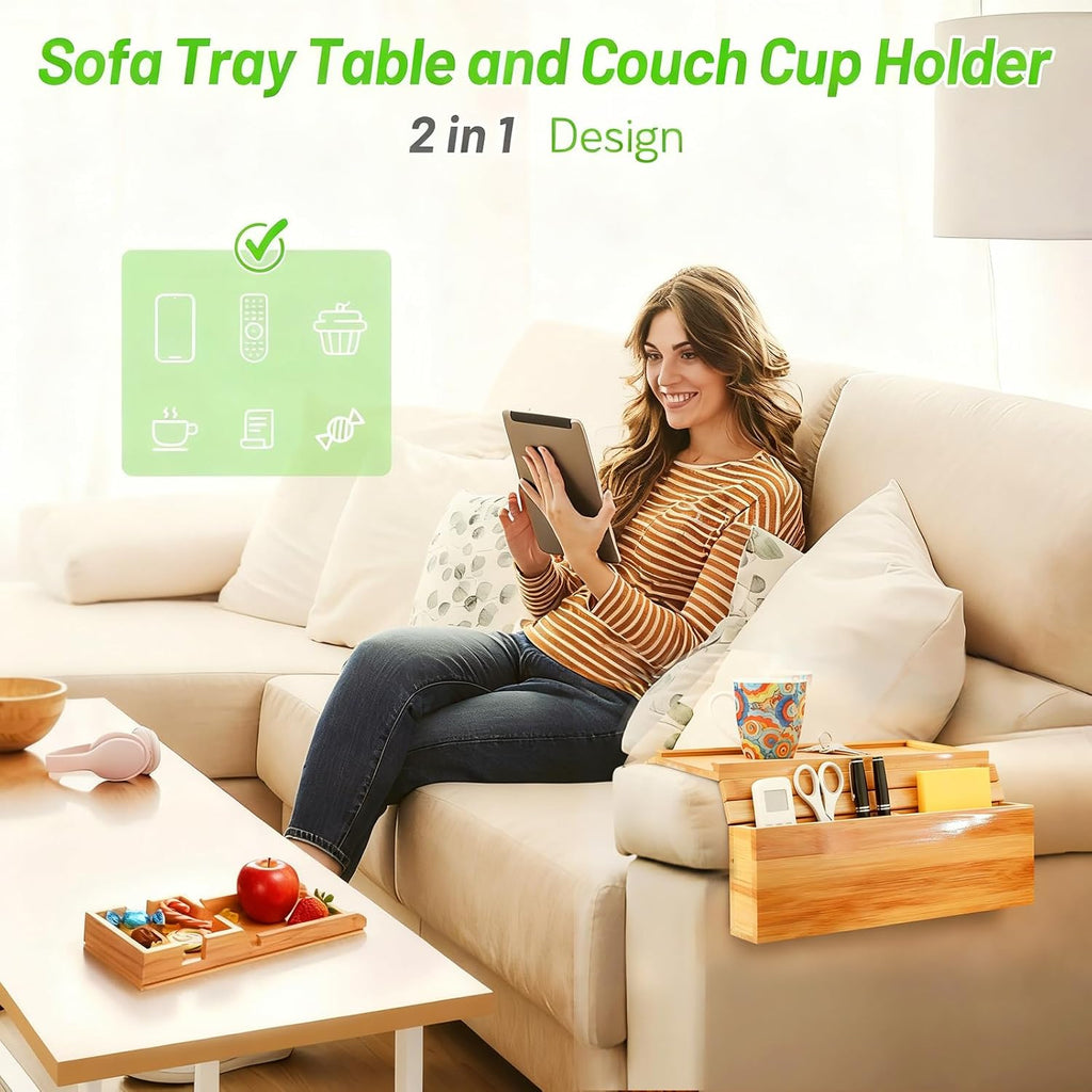 Bamboo Couch Arm Tray Sofa Armrest Tray Cup Holder,2-in-1 Couch Armrest Tray with Slide Detachable Tray,Couch Caddy,Slip Foldable Sofa Table,Phone Stand,Book Holder (Bamboo) - Image 3