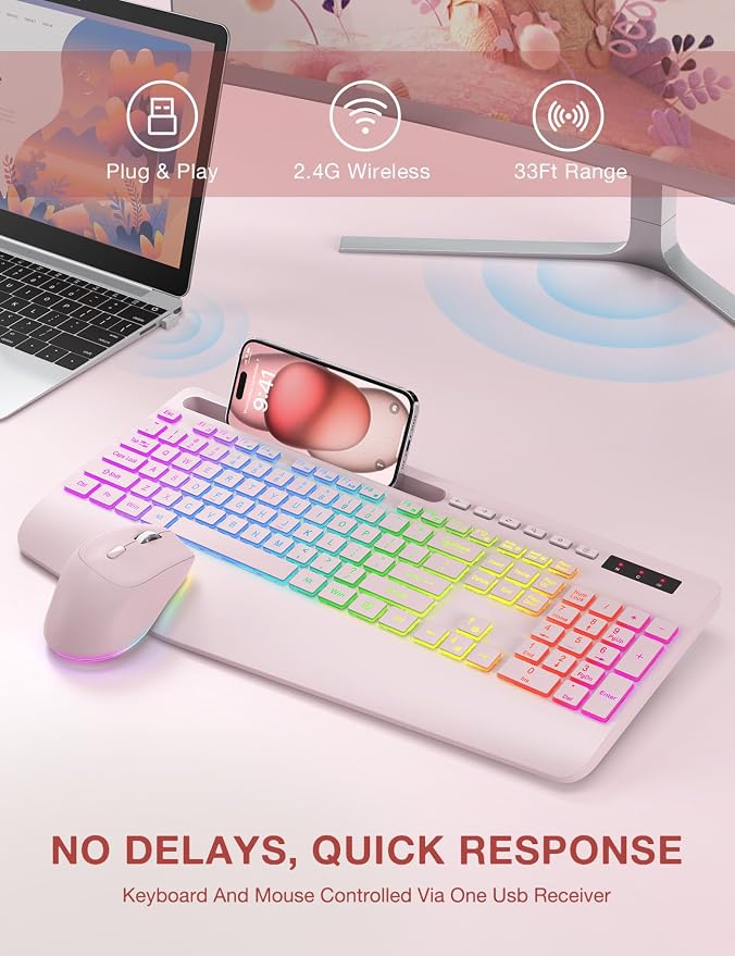 Wireless Keyboard and Mouse Combo, 9 Backlit Effects, RGB, 2.4GHz | Ergonomic Wrist Rest, Phone Holder, Rechargeable, Full Size, KM22 MAX Silent Set for Computer, Laptop, Mac, Windows (Pink) - Image 7