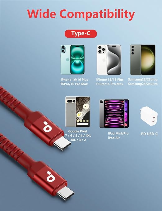 USB C to C Cable 10FT, 2Pack USB C Charger Cable, Long Type C Fast Charging | Cable Nylon Braided USBC Charger Cord Compatible with iPhone 17/16/15/Pro/Plus/Pro Max/Samsung Galaxy S23/LG and More-Red - Image 8