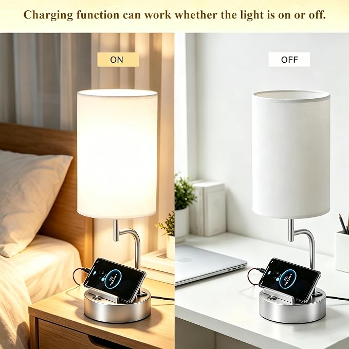 Dreamholder 2 Pack Table Lamp, Bedside Lamp with 3 USB Charging Ports & AC Outlet, USB Desk Lamp with 2 Phone Holders, Linen Fabric Shade Nightstand Lamps for Bedroom Living Room Office, Silver - Image 6