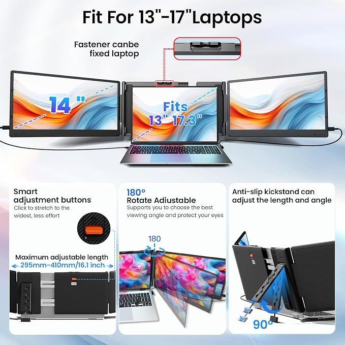 Redalf 14" Triple Laptop Screen Extender, FHD 1080P Portable Laptop Monitor | Auto-Adjust Width, Plug & Play via USB-C/HDMI, Fits 13–17" Laptops, Dual Monitor for MacOS/Windows/Chrome - Image 3