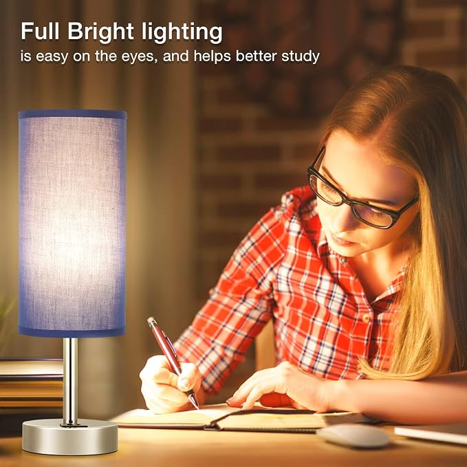 Blue Touch Table Lamp for Bedroom - Bedside Desk Lamp for College Dorm | USB A+C Ports, 3-Way Dimmable, LED Bulb Included, Navy Blue Lampshade, Silver Metal Base, Compact 14" Night Stand Lamp - Image 6