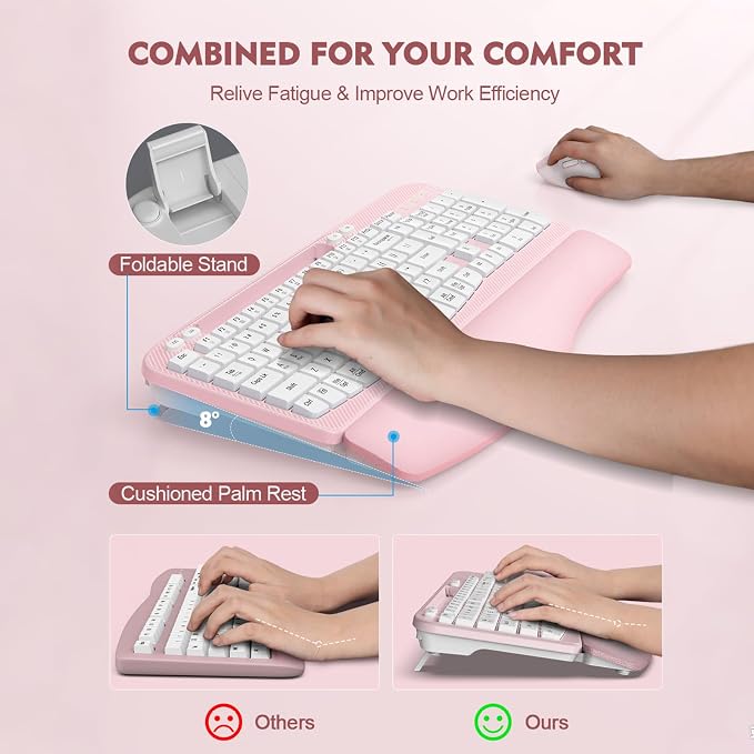 Wireless Keyboard and Mouse Combo, Full-Sized Ergonomic Wave Keys Keyboard with Memory Foam Wrist Rest & Phone Holder, 2.4G Quiet Keyboard Mouse Work Setup for PC Laptop, Office or Home (Pink) - Image 4