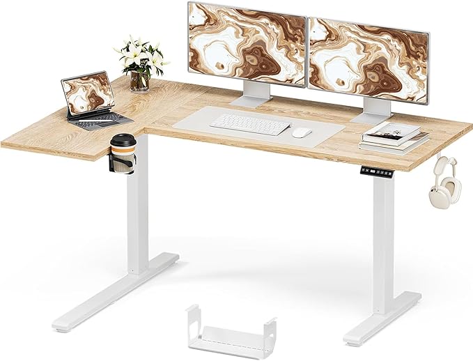 Muvai 59 Inch L Shaped Standing Desk Adjustable Height with Cable Management Tray,Gaming Electric Corner Standing Desk, Sit Stand Computer Table with Reversiable Splice Board,Light Rustic Brown by Unknown