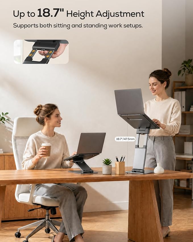 Nulaxy Pull-Out Height Adjustable Laptop Stand for Desk, 22 LB Support | Full Aluminum Standing Desk Holder, Vented Panel, Dual Foldable Design, Compatible with 10-17 Inch Laptops, Office Essentials - Image 5