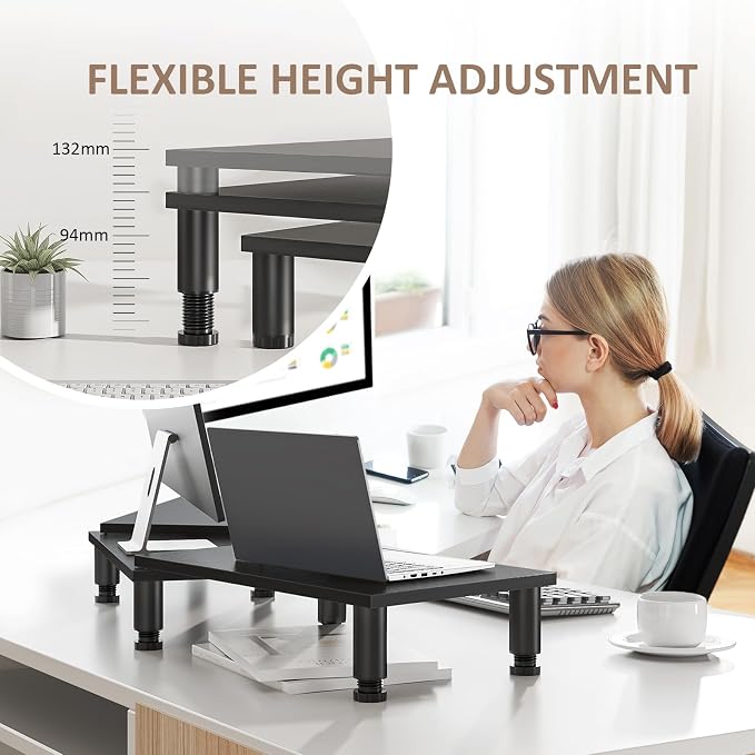 Dual Monitor Stand Riser, Monitor Stand with Adjustable Height Steel leg, Wood Monitor Stand for Desk, Monitor Riser for 2 Monitors with Storage Space Black - Image 2