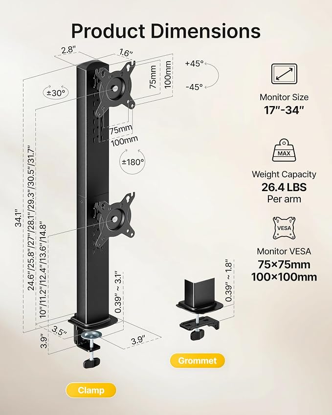 monTEK Powered Stacked Dual Monitor Stand for 17-32", Clamp/Grommet | Vertical dual monitor desk mount, integrated power outlet, adjustable arms and clamp/grommet mounting options - Image 9