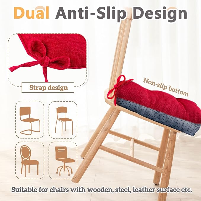MAGIC ELEPHANT Chair Cushions for Dining Chair, Shredded Memory Foam Kitchen Chair Cushions Set of 4, Non-Slip Thick Dinning Room Chair Pads Seat Cushions, 15.5" x 15.5" x 4" (Red) - Image 4